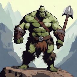 A middle-aged orc barbarian standing in a powerful pose