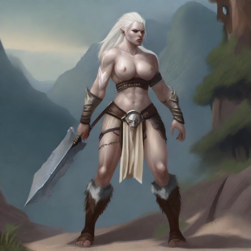 A sexy albino half-orc female barbarian standing in a confident pose