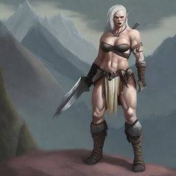 A sexy albino half-orc female barbarian standing in a confident pose