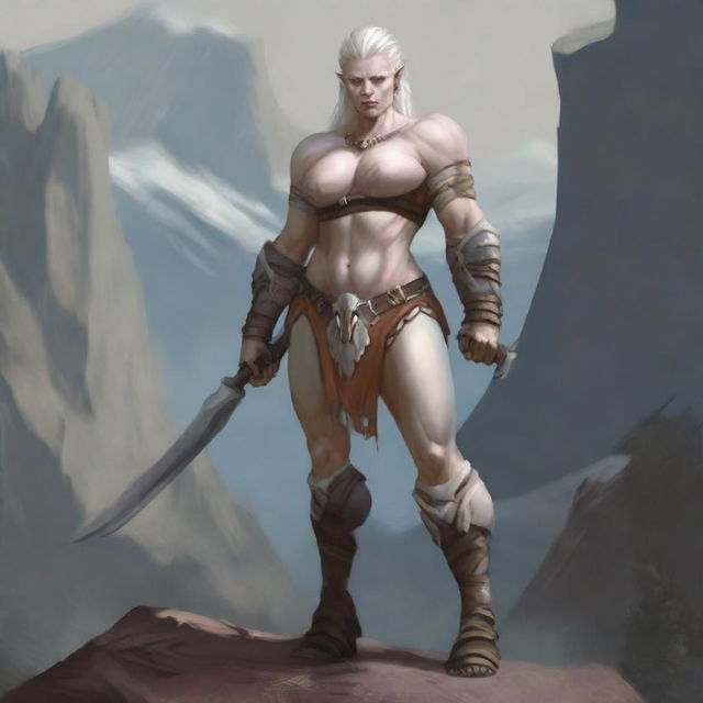 A sexy albino half-orc female barbarian standing in a confident pose