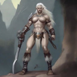 A sexy albino half-orc female barbarian standing in a confident pose