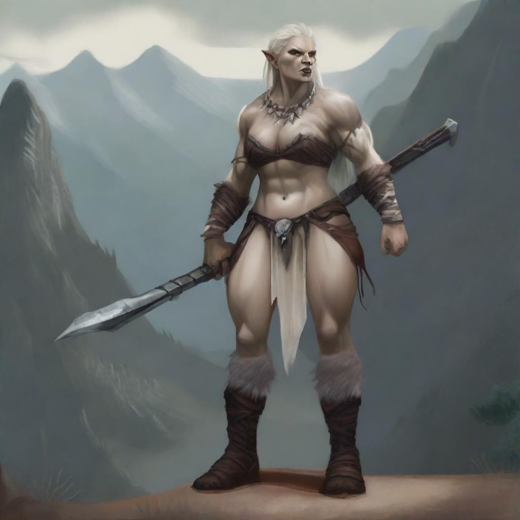 An albino half-orc female barbarian standing in a powerful pose