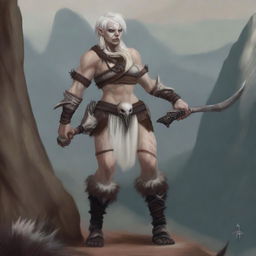 An albino half-orc female barbarian standing in a powerful pose