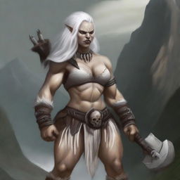 An albino half-orc female barbarian standing in a powerful pose