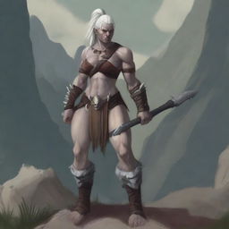 An albino half-orc female barbarian standing in a powerful pose