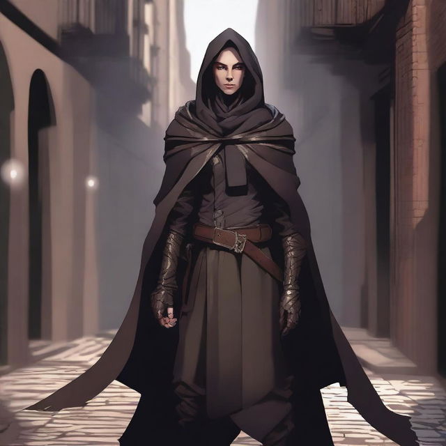 A changeling rogue character with a confident and sly expression
