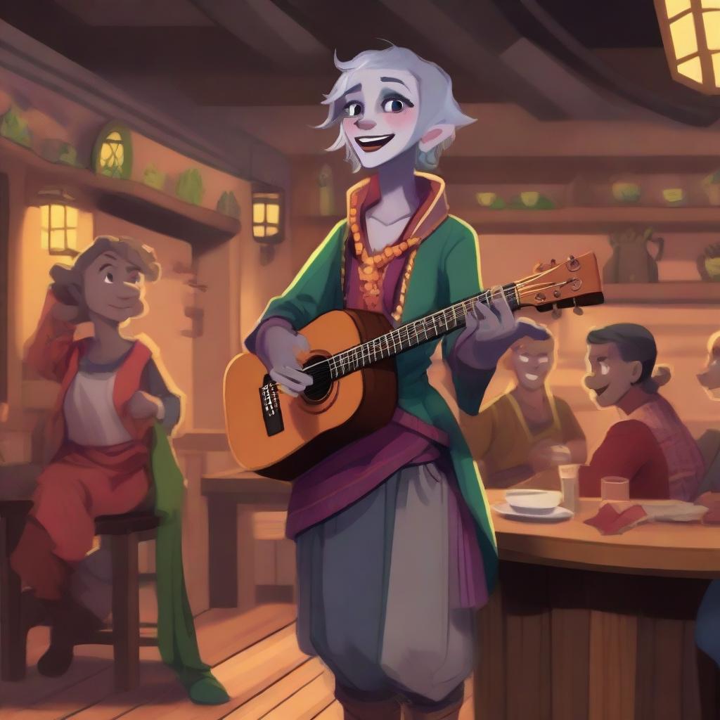 A changeling bard character with gray skin, standing in a lively tavern