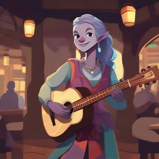 A changeling bard character with gray skin, standing in a lively tavern