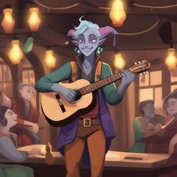 A changeling bard character with gray skin, standing in a lively tavern