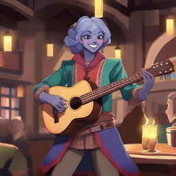 A changeling bard character with gray skin, standing in a lively tavern