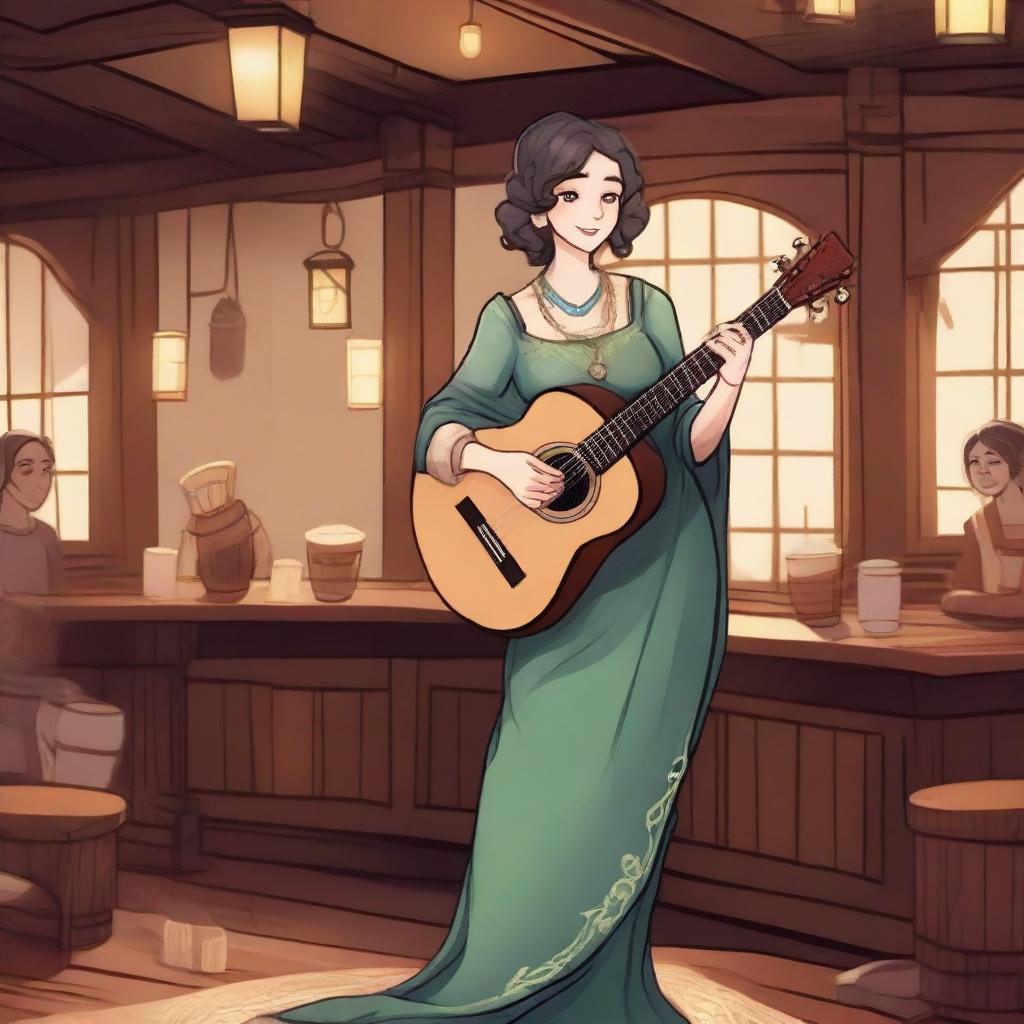 A female changeling bard character with a captivating smile, standing on a small stage in a cozy tavern