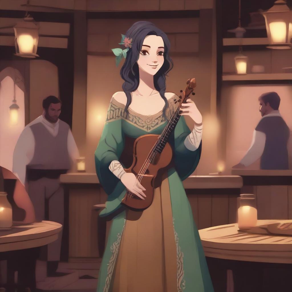 A female changeling bard character with a captivating smile, standing on a small stage in a cozy tavern