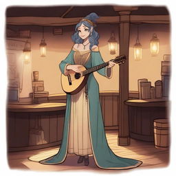 A female changeling bard character with a captivating smile, standing on a small stage in a cozy tavern