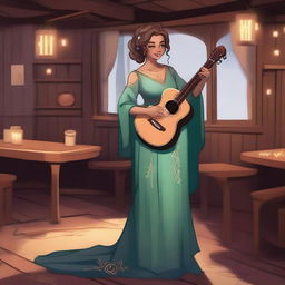 A female changeling bard character with a captivating smile, standing on a small stage in a cozy tavern