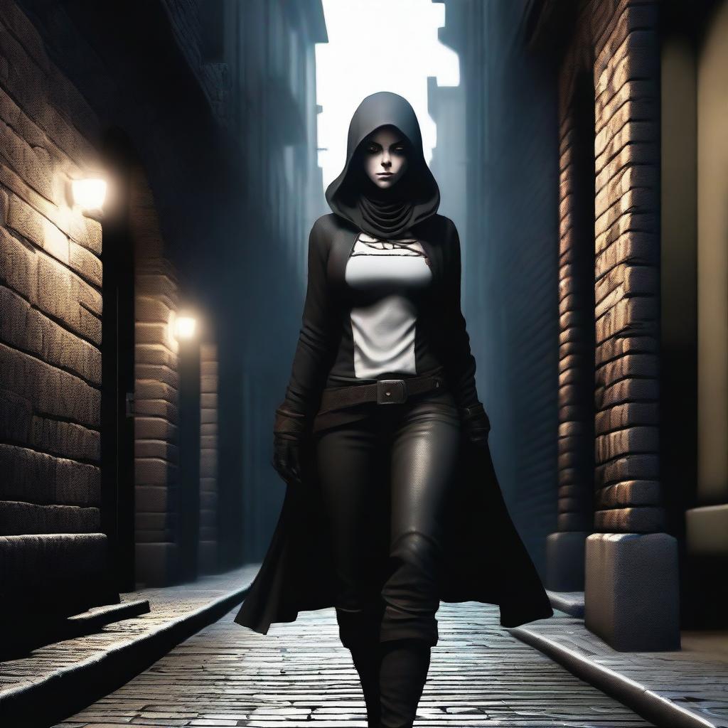 A female changeling rogue character with white skin and black eyes, standing in a shadowy alleyway