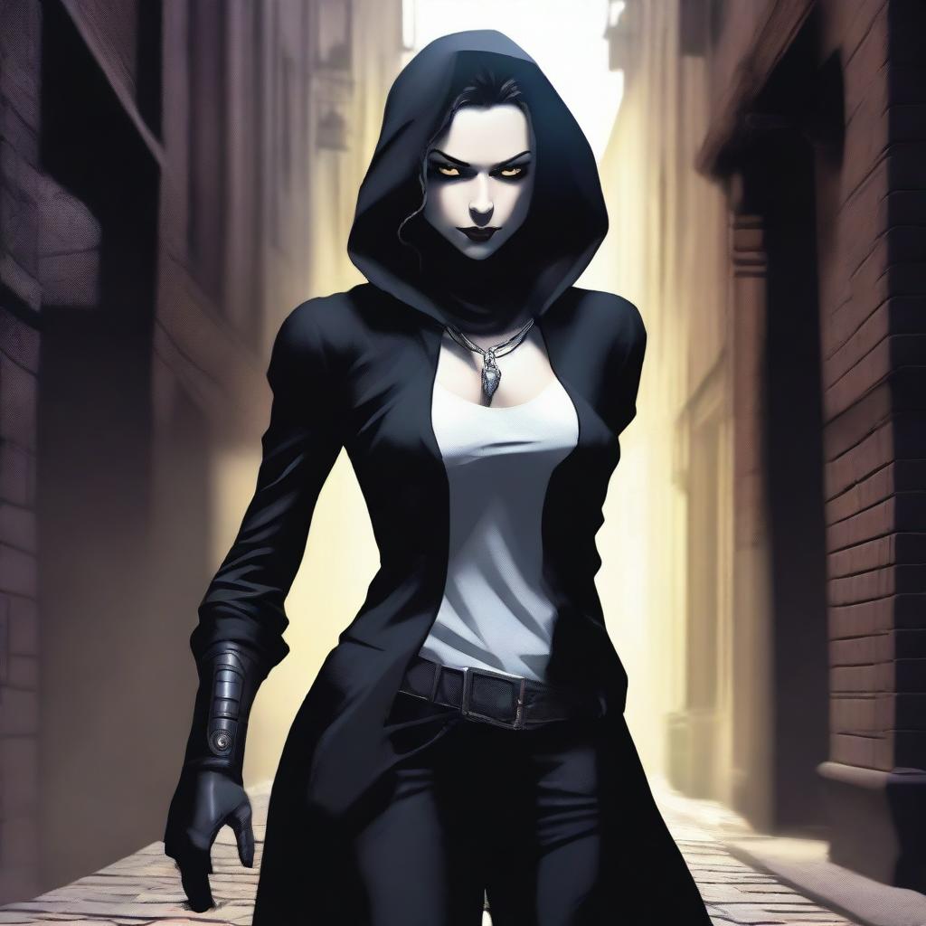 A female changeling rogue character with white skin and black eyes, standing in a shadowy alleyway