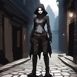 A female changeling rogue character with white skin and black eyes, standing in a shadowy alleyway