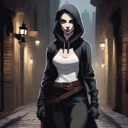 A female changeling rogue character with white skin and black eyes, standing in a shadowy alleyway