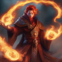 A fire genasi sorcerer, standing amidst swirling flames and casting a powerful fire spell