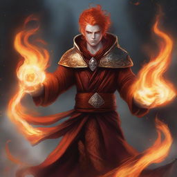 A fire genasi sorcerer, standing amidst swirling flames and casting a powerful fire spell