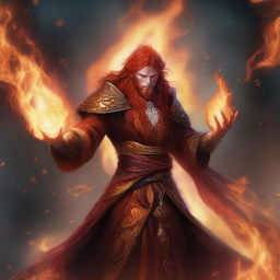 A fire genasi sorcerer, standing amidst swirling flames and casting a powerful fire spell