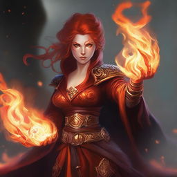 A female fire genasi sorcerer, standing amidst swirling flames and casting a powerful fire spell