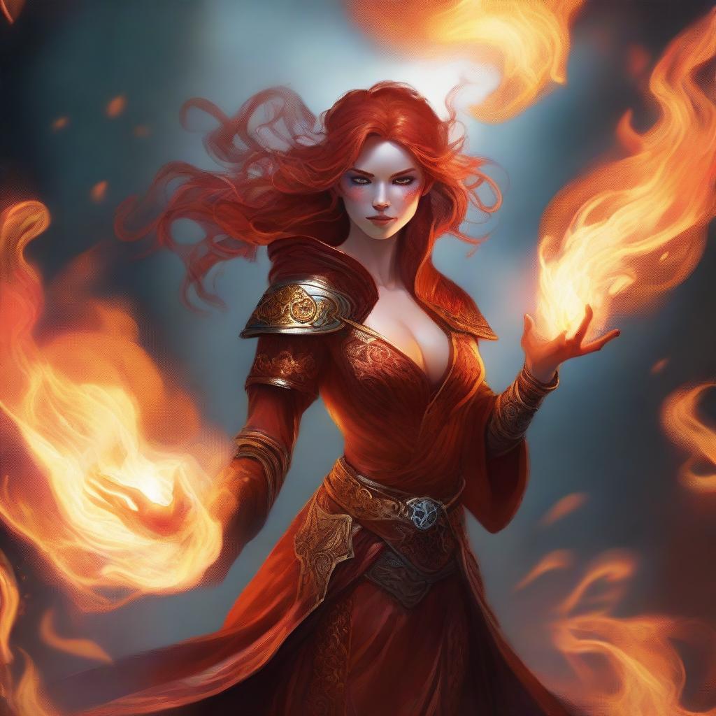 A female fire genasi sorcerer, standing amidst swirling flames and casting a powerful fire spell