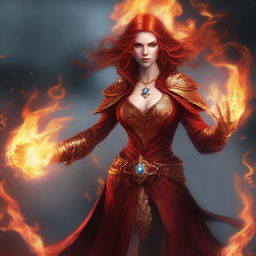 A female fire genasi sorcerer, standing amidst swirling flames and casting a powerful fire spell