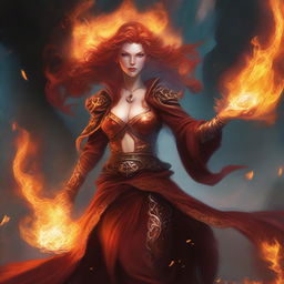 A female fire genasi sorcerer, standing amidst swirling flames and casting a powerful fire spell