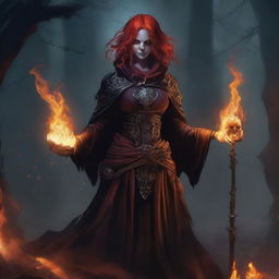 A female fire genasi necromancer, standing in a dark and eerie setting, surrounded by swirling flames and ghostly apparitions