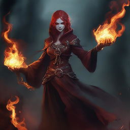 A female fire genasi necromancer, standing in a dark and eerie setting, surrounded by swirling flames and ghostly apparitions