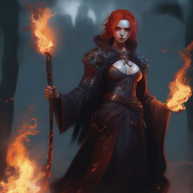 A female fire genasi necromancer, standing in a dark and eerie setting, surrounded by swirling flames and ghostly apparitions