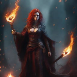 A female fire genasi necromancer, standing in a dark and eerie setting, surrounded by swirling flames and ghostly apparitions