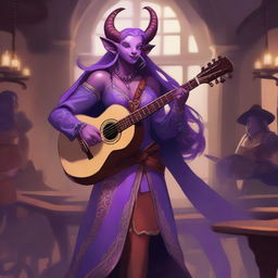 A female tiefling bard with violet clair skin, standing on a stage with a lute in her hands