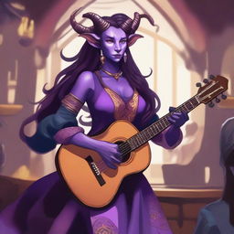 A female tiefling bard with violet clair skin, standing on a stage with a lute in her hands