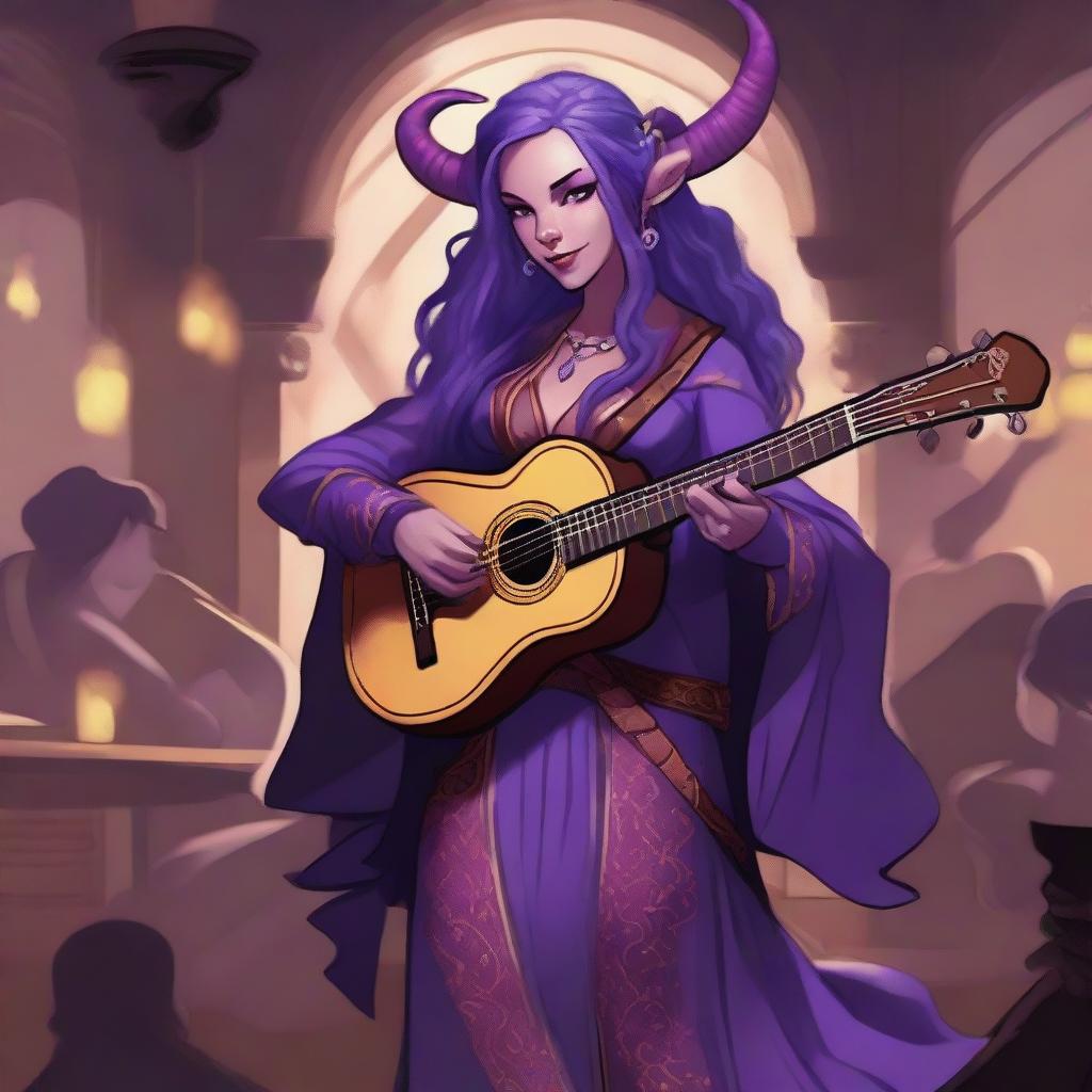 A female tiefling bard with violet clair skin, standing on a stage with a lute in her hands