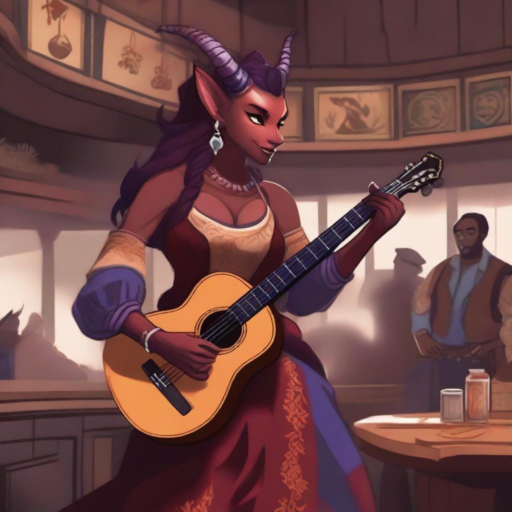 A female tiefling bard standing on a stage in a bustling tavern