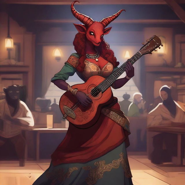 A female tiefling bard standing on a stage in a bustling tavern