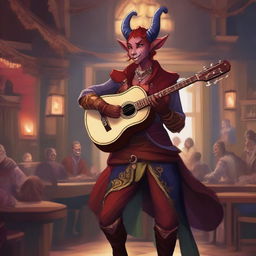 A female tiefling bard standing on a stage in a bustling tavern