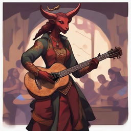 A female tiefling bard standing on a stage in a bustling tavern