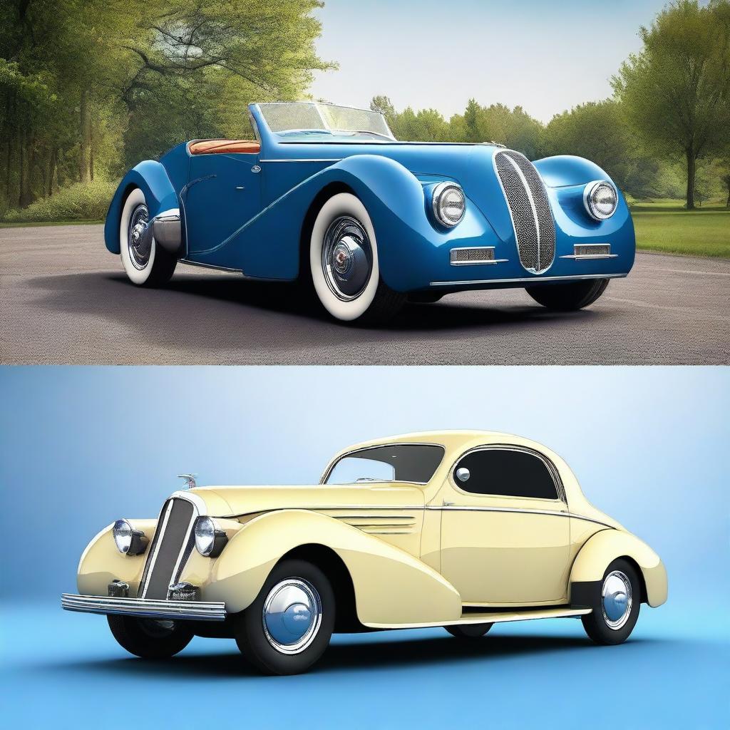 Create an image of a hybrid car that is half Bugatti and half vintage Chevrolet