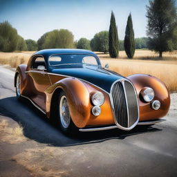 Create an image of a hybrid car that is half Bugatti and half vintage Chevrolet