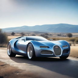 Create an image of a hybrid car that is half 2028 Bugatti and half vintage Chevrolet