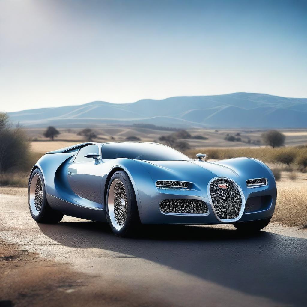 Create an image of a hybrid car that is half 2028 Bugatti and half vintage Chevrolet
