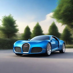 Create an image of a hybrid car that is half 2028 Bugatti and half vintage Chevrolet