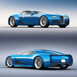 Create an image of a hybrid car that is half 2028 Bugatti and half vintage Chevrolet