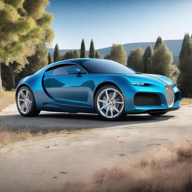 Create an image of a hybrid car that is half 2028 Bugatti and half vintage Chevrolet