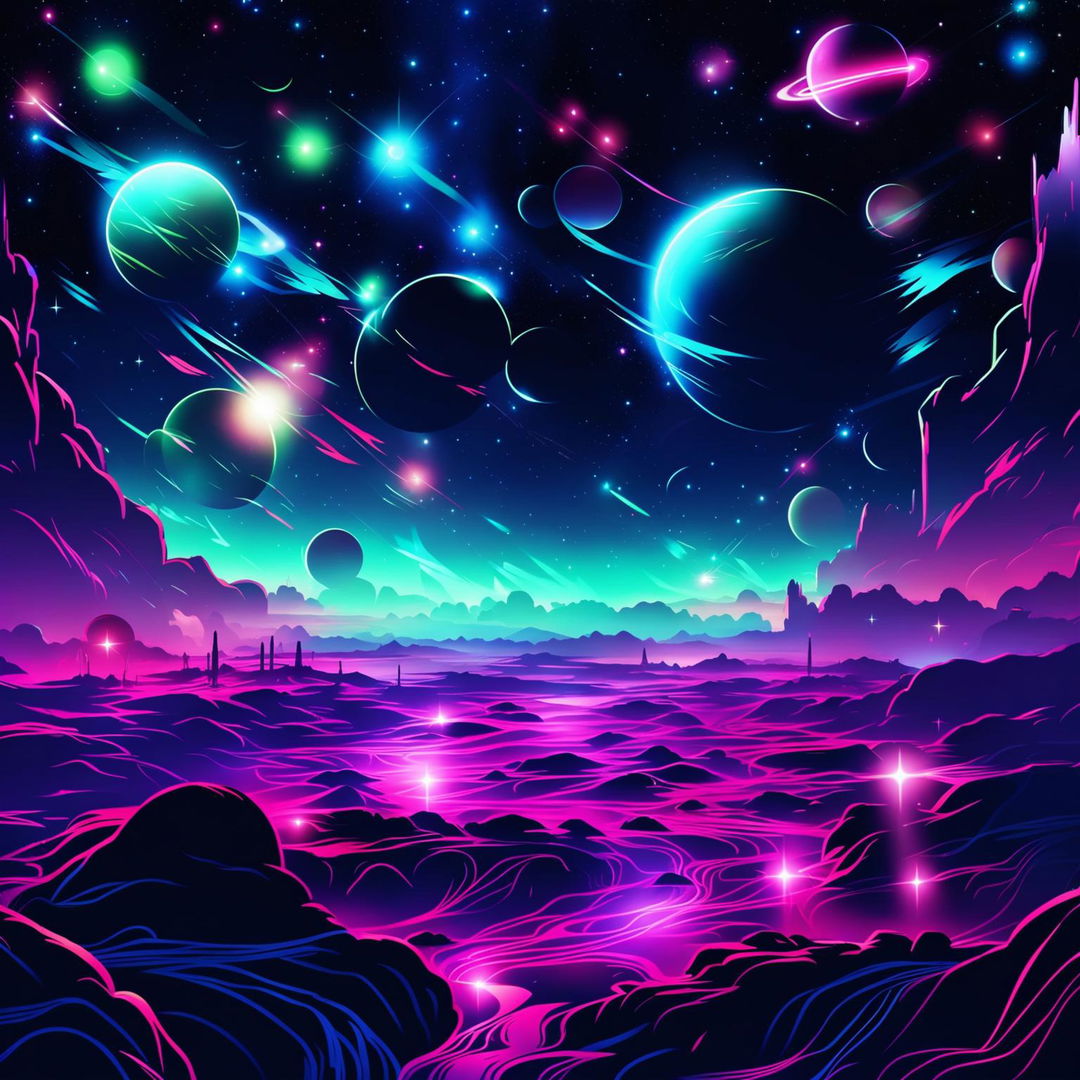 A futuristic galaxy scene with neon-colored stars, planets, and nebulae in bright shades of pink, blue, and green, set against a dark background illuminated by neon lights, creating a sci-fi and cyberpunk feel