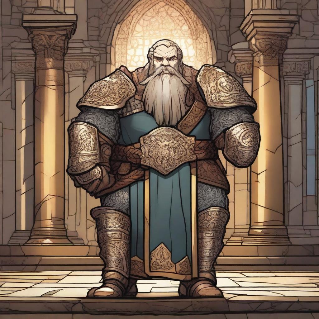 A dwarf paladin clad in shining, ornate armor stands valiantly in a grand hall