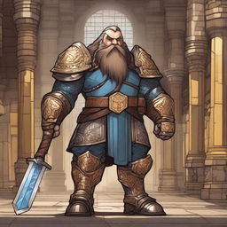 A dwarf paladin clad in shining, ornate armor stands valiantly in a grand hall